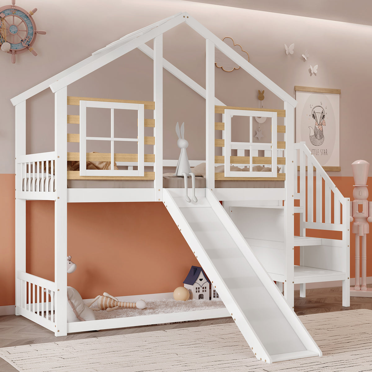 Bunk Bed with Slide & Stairs - Kids Cabin Bed, White Solid Wood