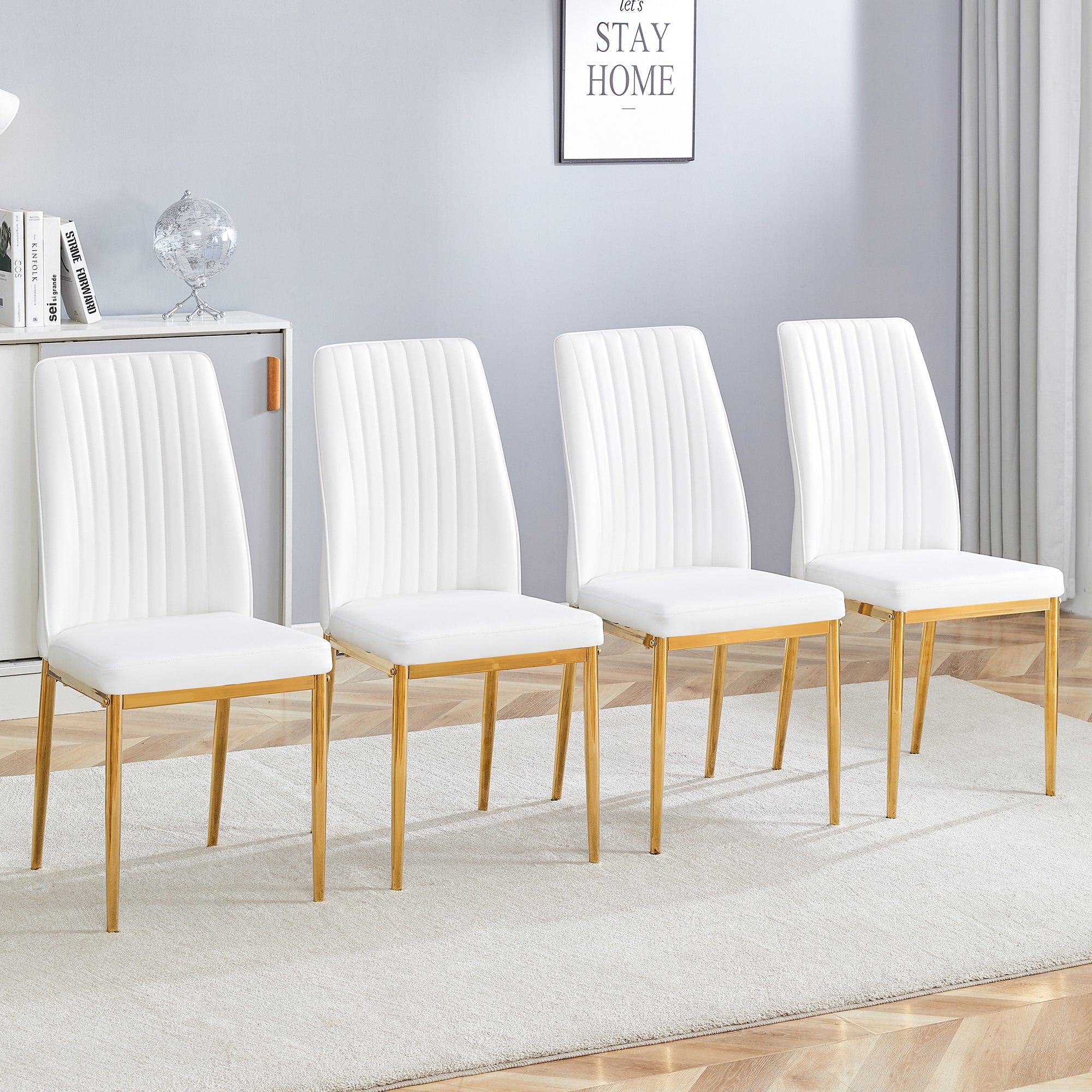 Fashionable Dining Chair 4-Piece Set with Golden Metal Legs, White PU Leather