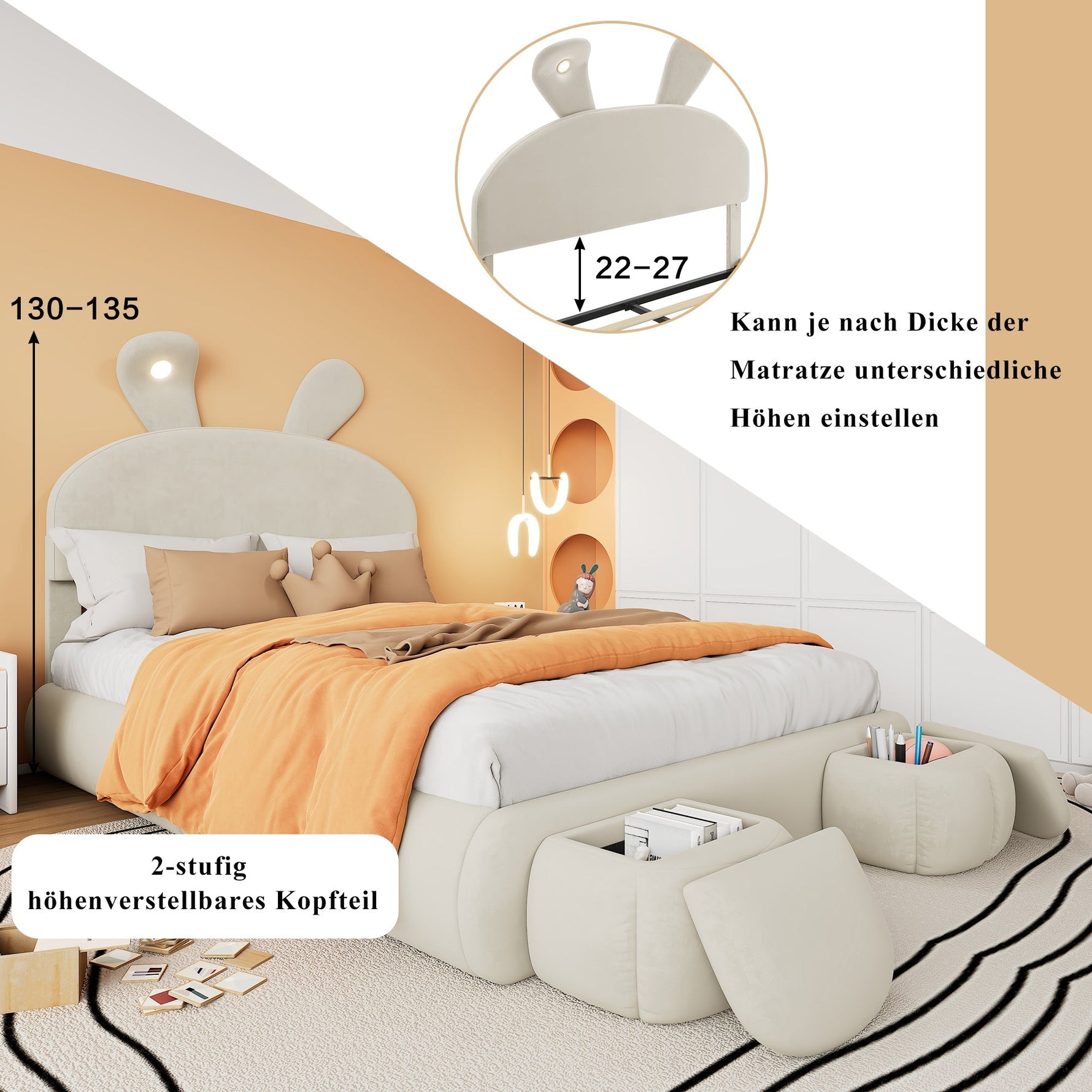 Upholstered Bed, Hydraulic with Rabbit Ears & Storage, Velvet Beige