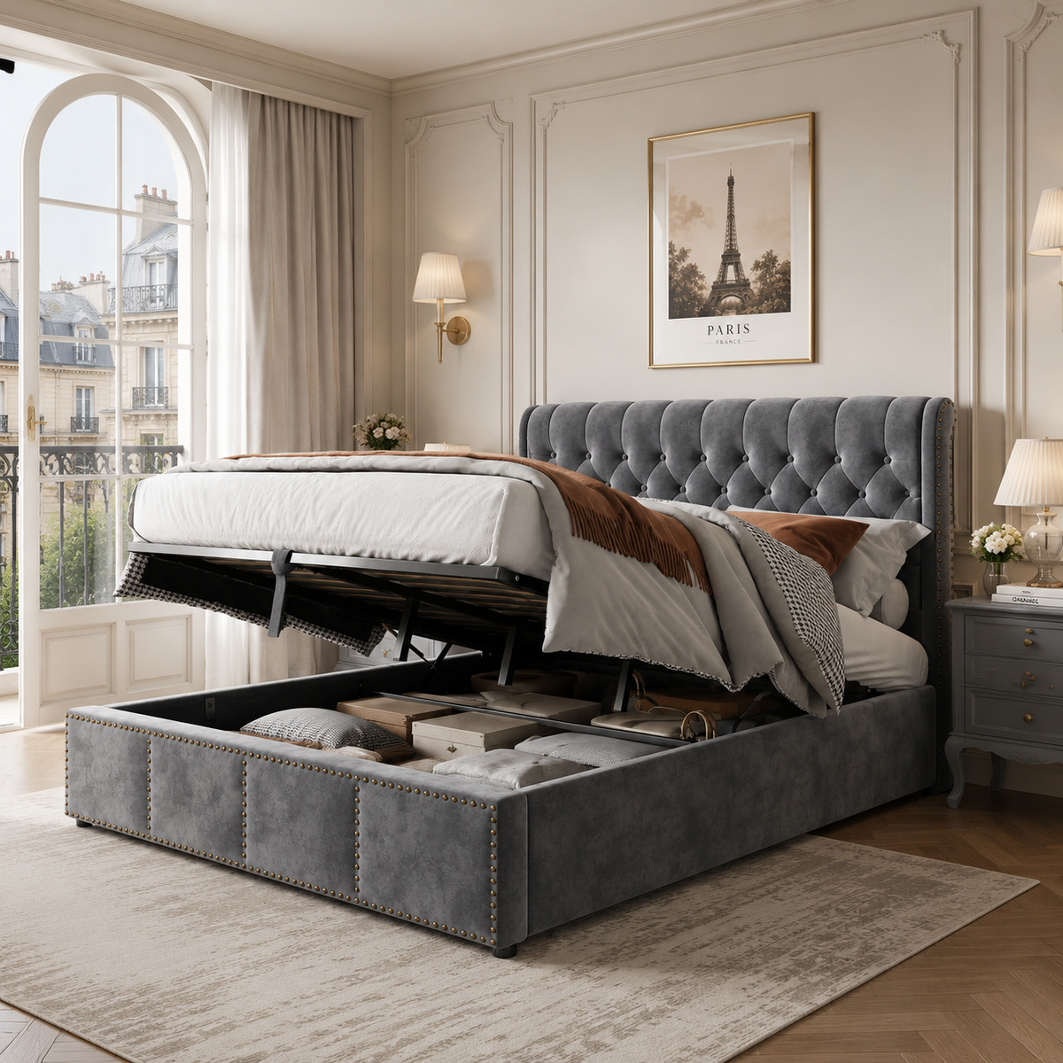 Daybed Sofa Bed 90x200cm with LED & Pull-Out Bed, Grey Linen