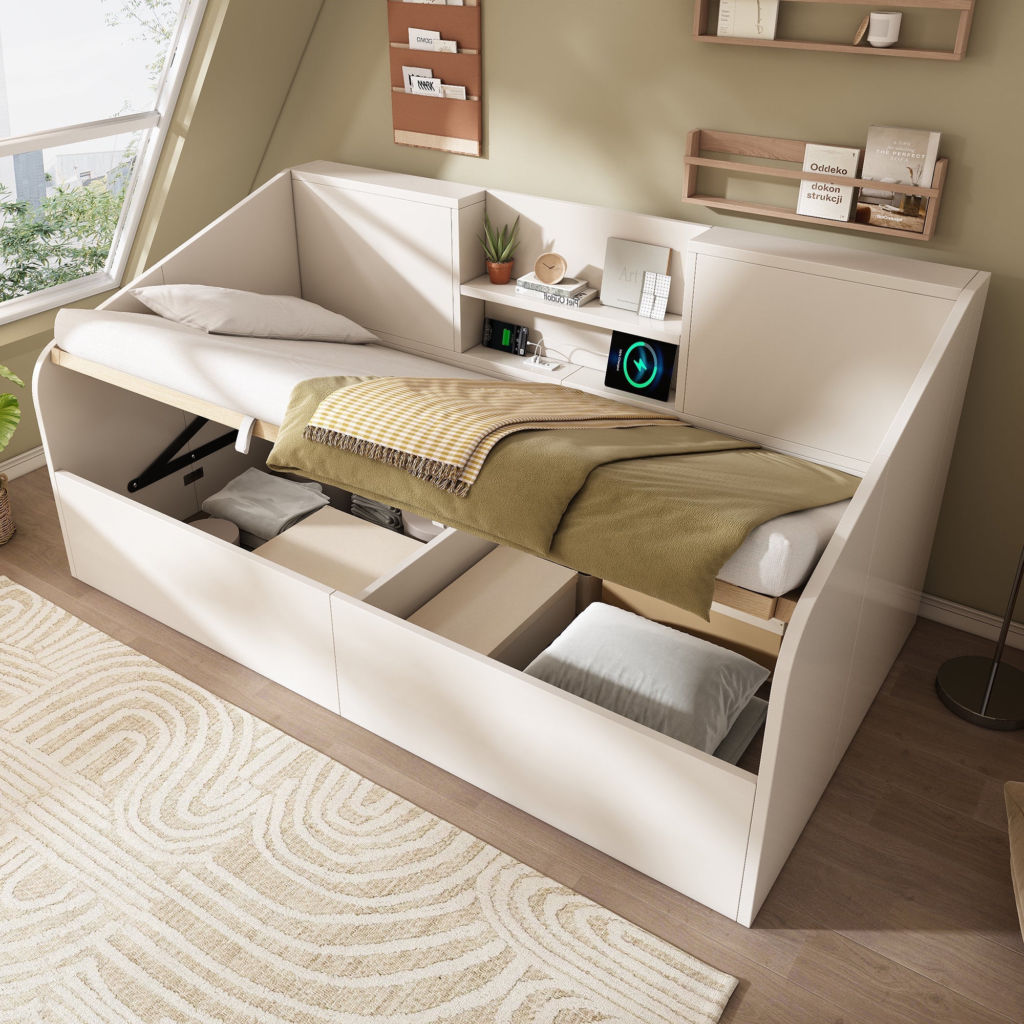 Hydraulic Daybed 90x190cm Storage USB/Type-C Charging 2 Shelves - White Wood