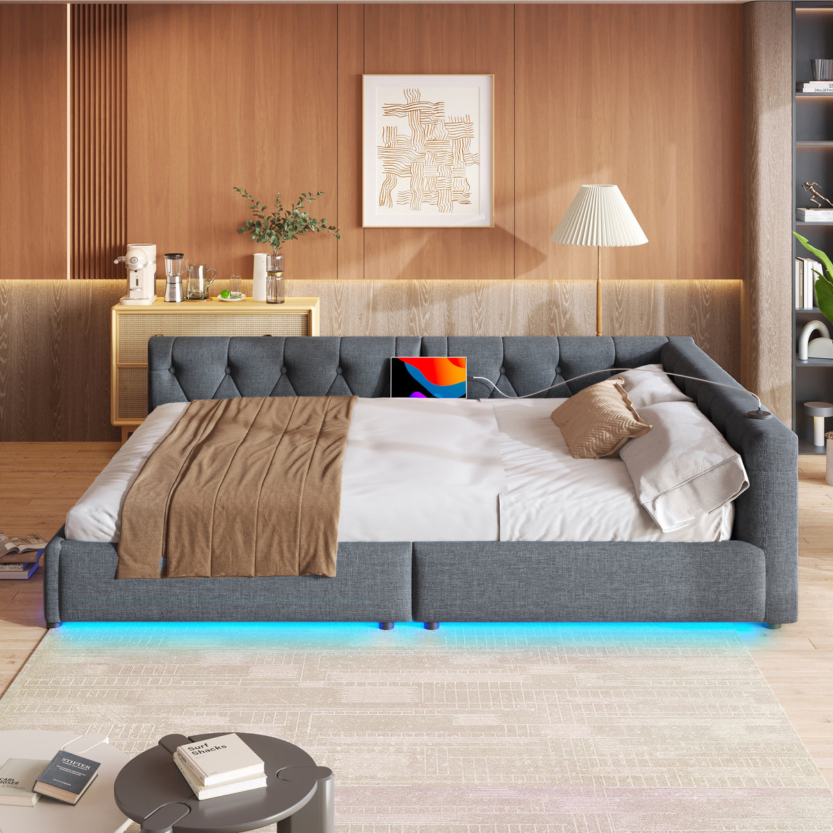 Sofa Daybed 140x200cm with LED Light & USB, Grey Linen