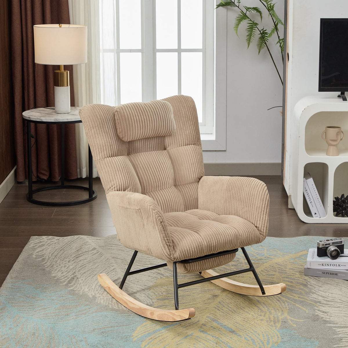 Rocking Chair, Modern Upholstered High Back with Neck Pillow, Brown Fabric