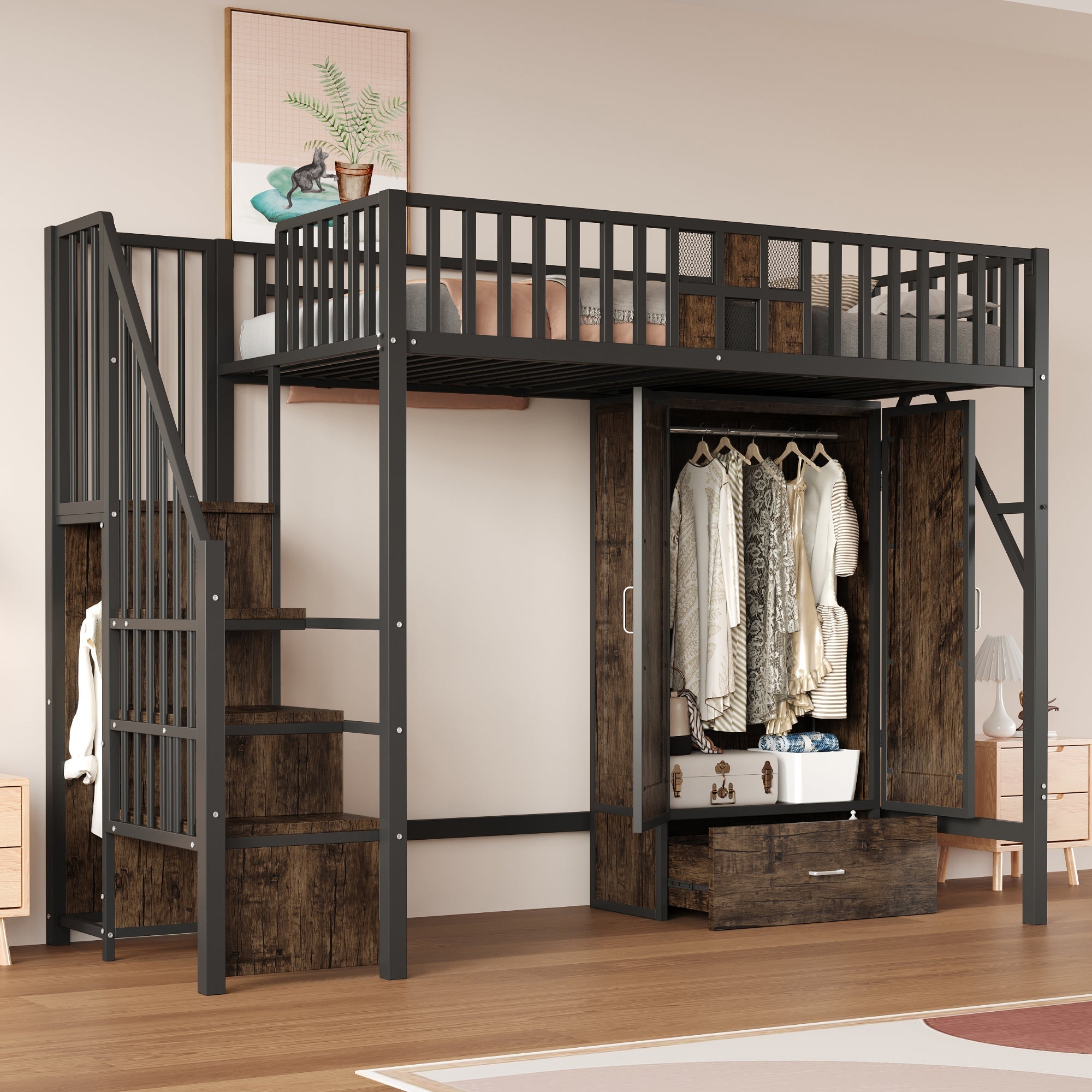 Metal Loft Bed 90x200cm Wardrobe Drawers Storage Ladder - Black