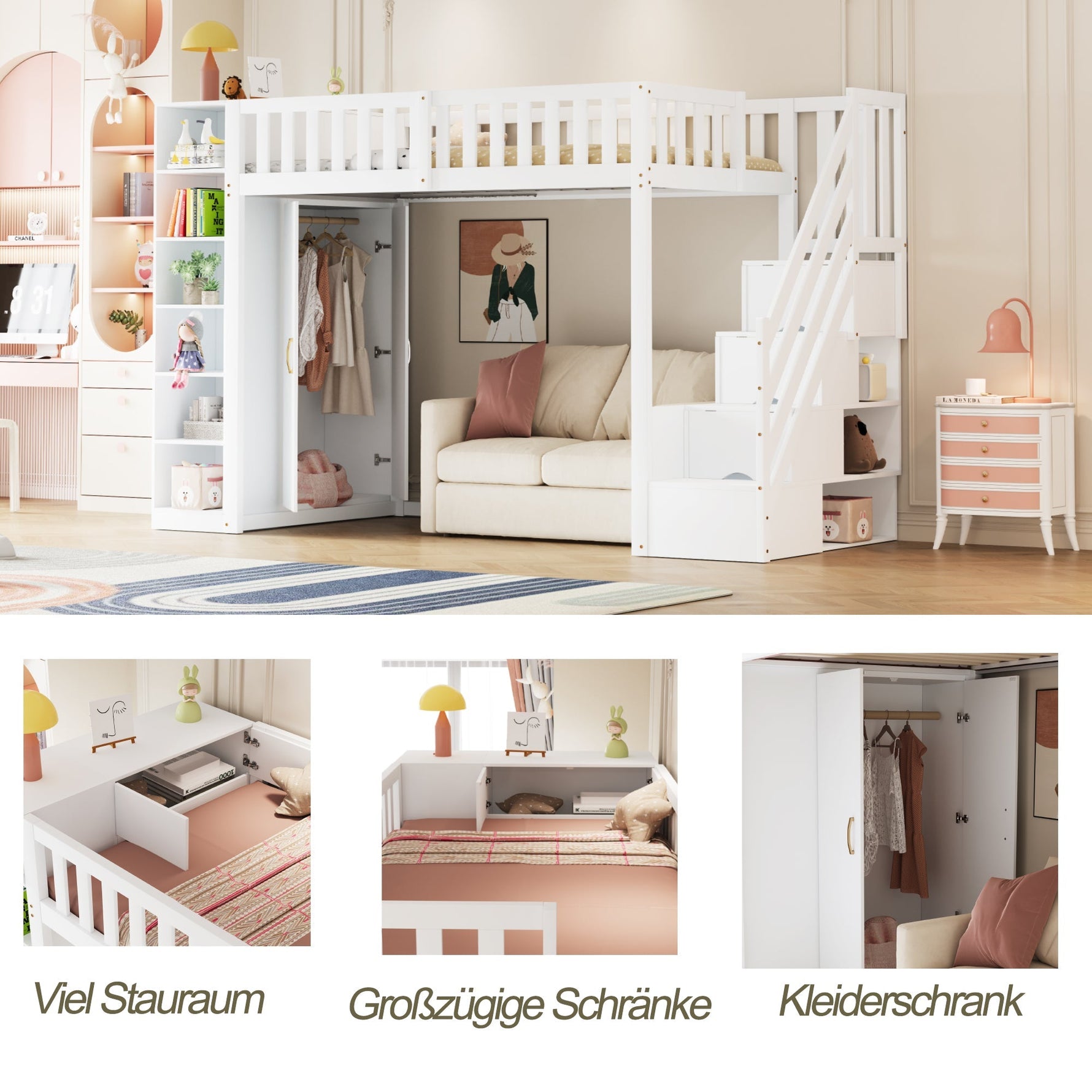 Loft Bed 90x200cm with Wardrobe Storage Cabinet Shelves & Ladder - White
