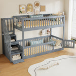 Bunk Bed 90x200 with Safety Stairs & Storage Drawers, Grey Wood