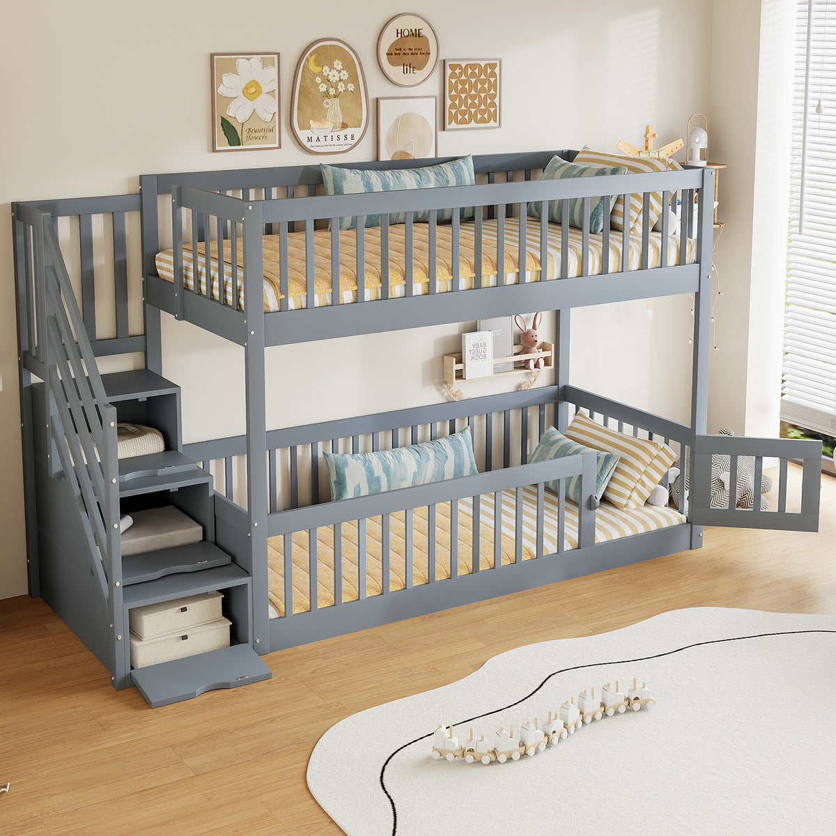 Bunk Bed 90x200 with Safety Stairs & Storage Drawers, Grey Wood