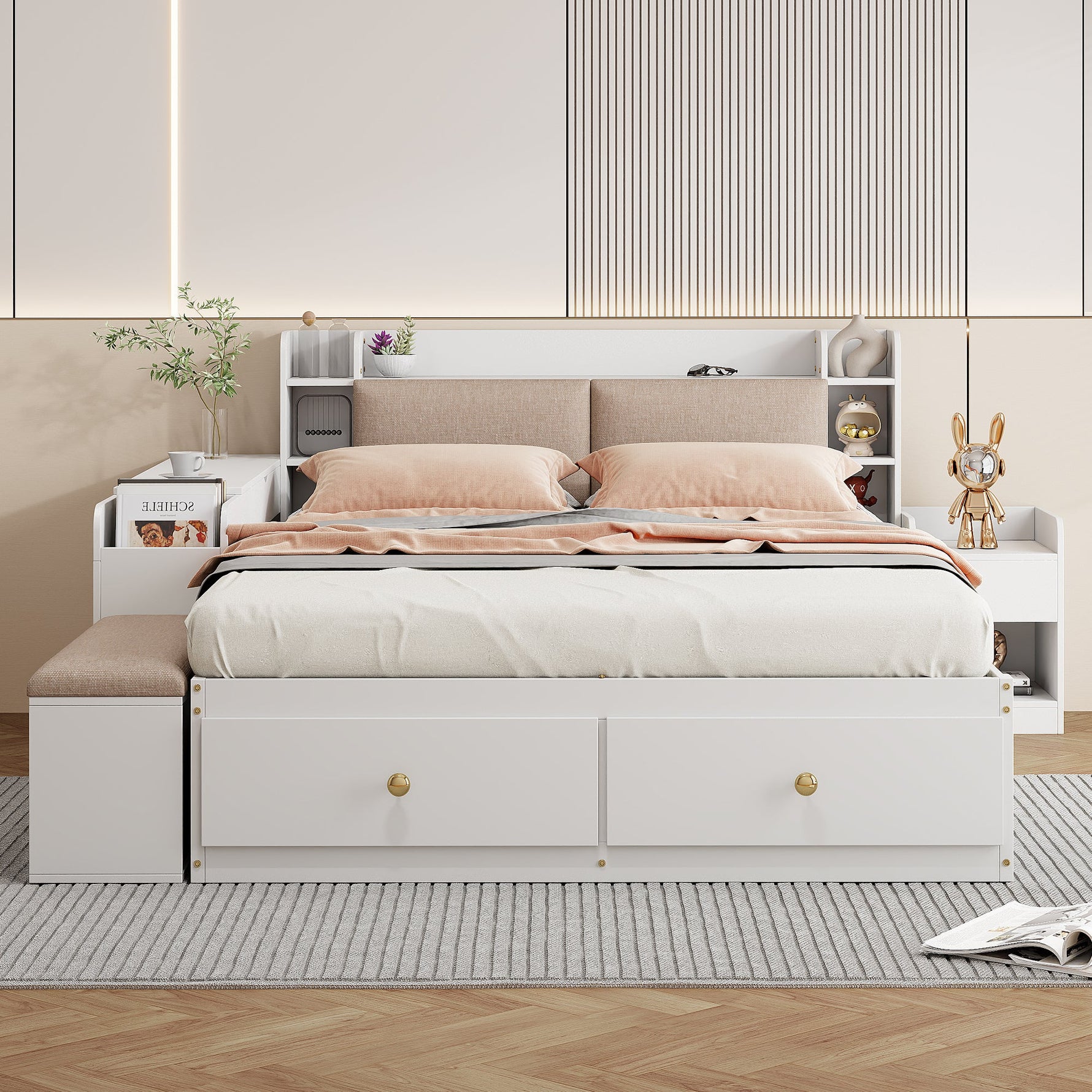 Solid Wood Combination Bed 140x200cm, Storage Headboard, Drawers, Nightstand, Wardrobe, Sofa Bench, White