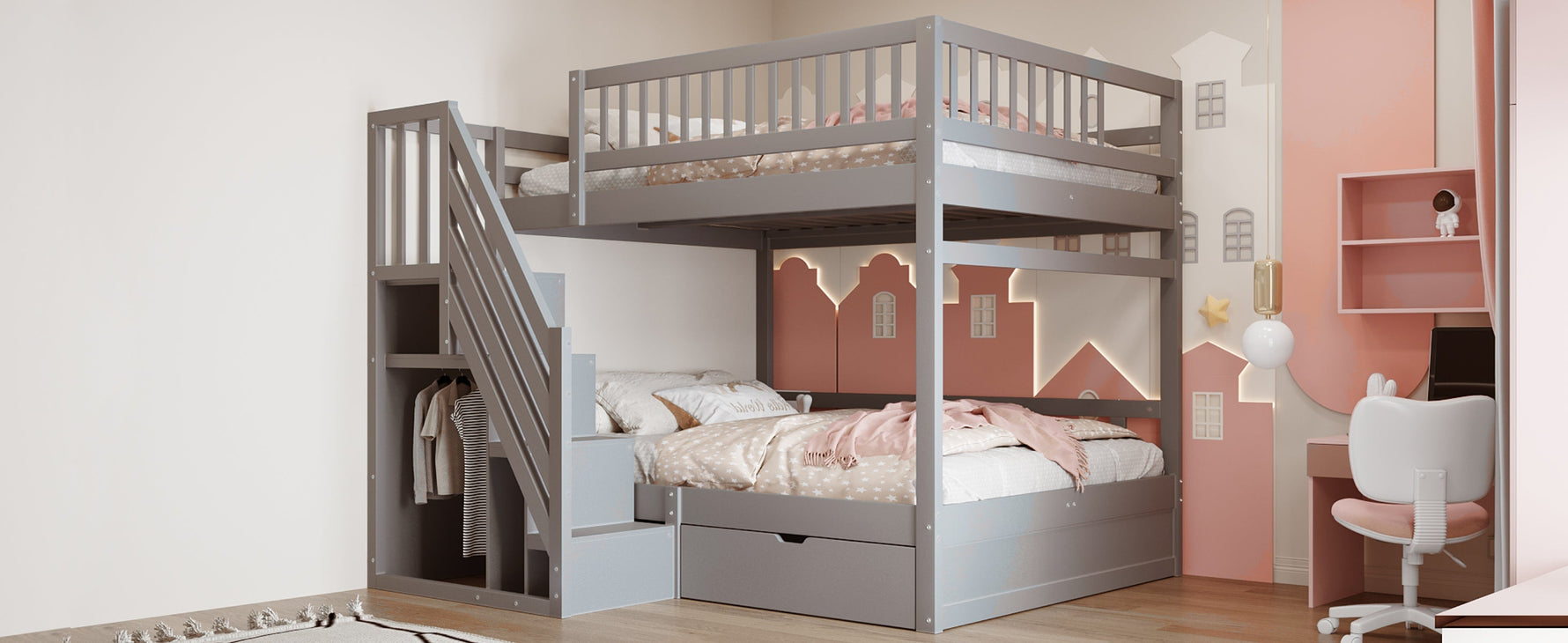 Solid Wood Bunk Bed 140x200cm High Safety Rail Storage Ladder Drawers, Grey