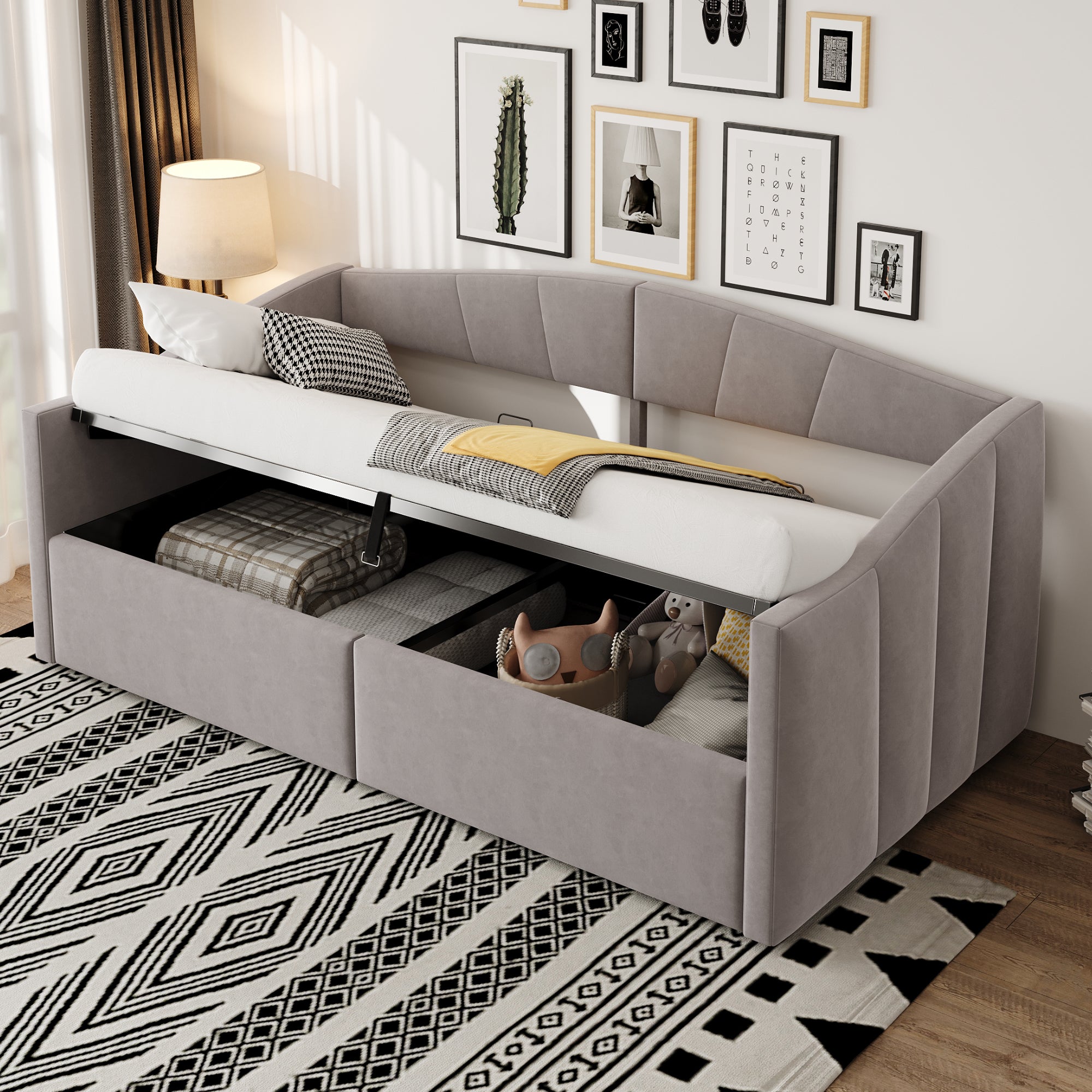 Upholstered Sofa Bed 90x200cm Hydraulic Storage Multifunctional Striped with Armrests Velvet Light Grey