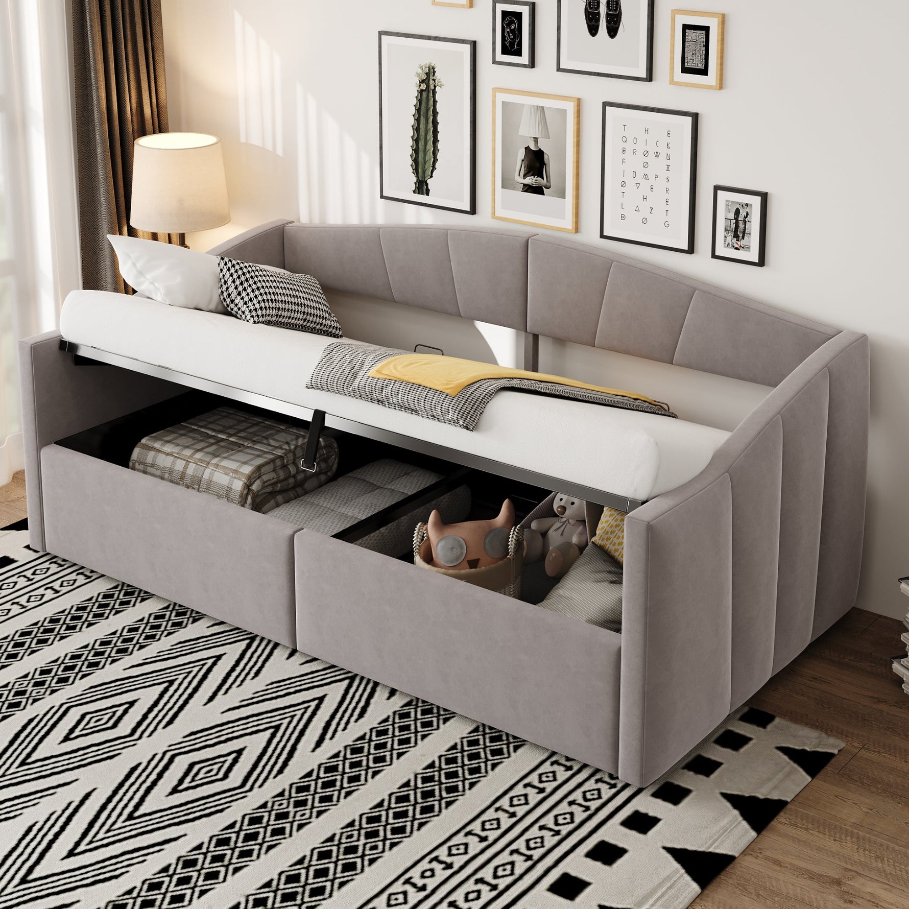 Upholstered Sofa Bed 90x200cm Hydraulic Storage Multifunctional Striped with Armrests Velvet Light Grey