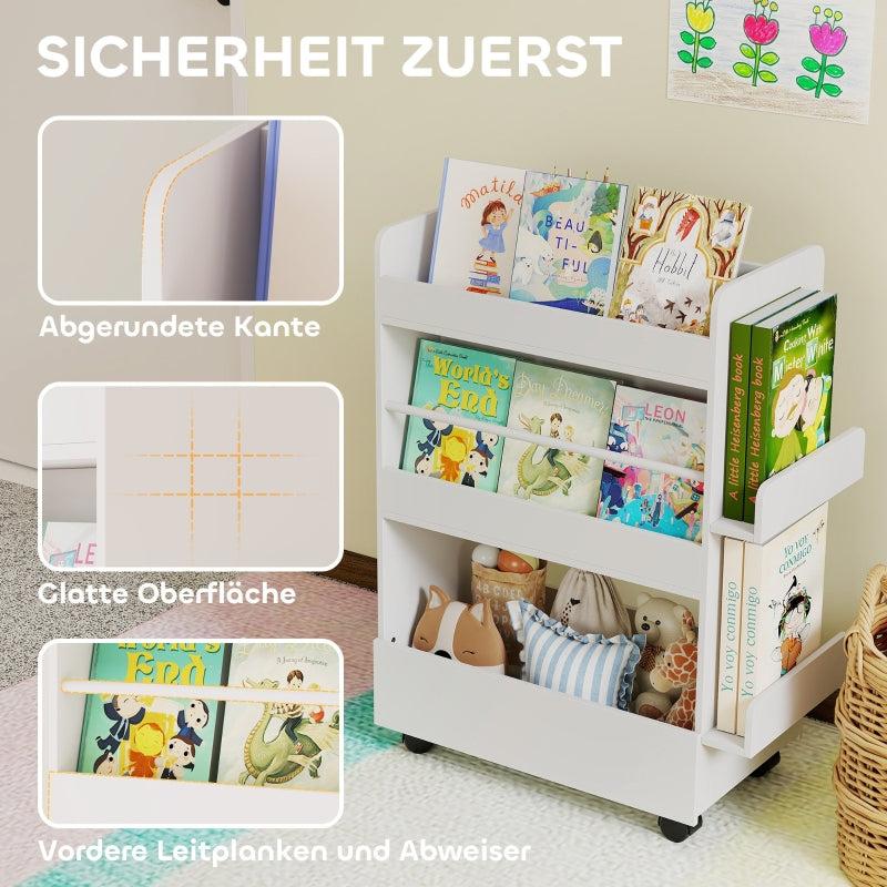 Children's Bookshelf 4 Shelves Chalkboard Wheels Storage White
