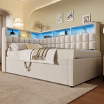 Upholstered Bed 90x200 with Trundle, LED & USB, Beige Linen