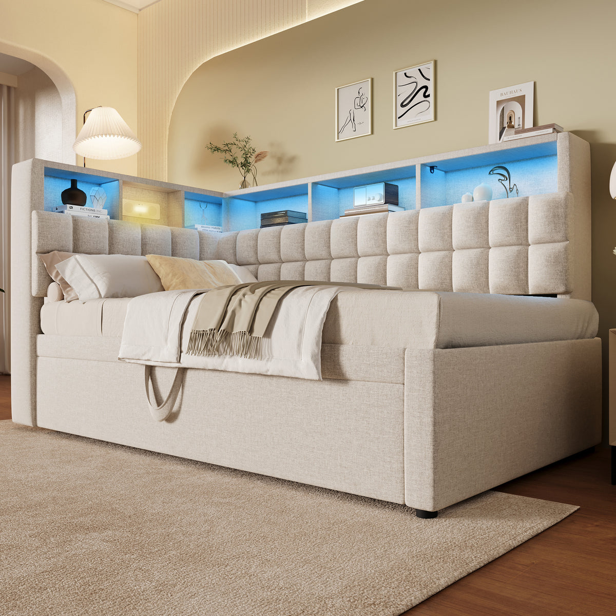 Upholstered Bed 90x200 with Trundle, LED & USB, Beige Linen