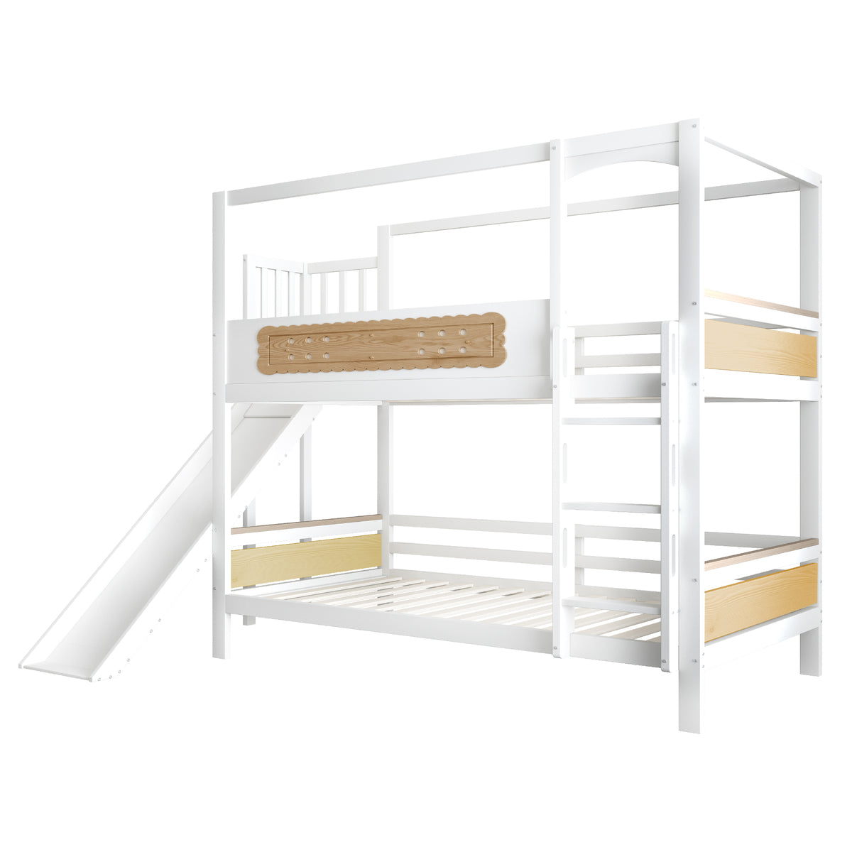 Children's Bunk Bed 90x200 with House Frame & Slide, Wood Color