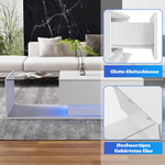 Coffee Table with Glass Top & Drawers, LED Lighting, High-Gloss White
