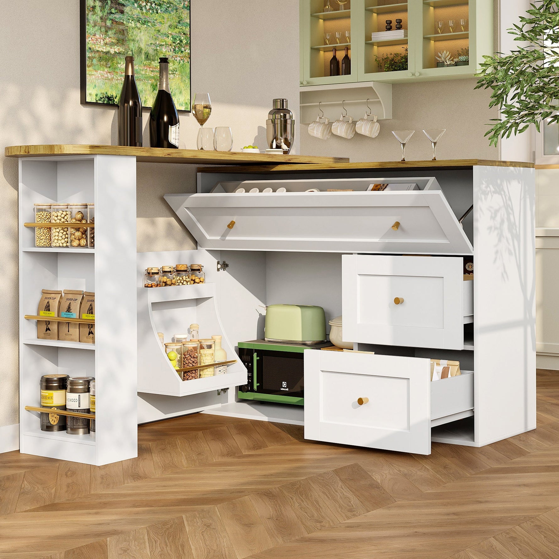Extendable Bar Table Telescopic Storage Snack Shelf 138-204cm - White