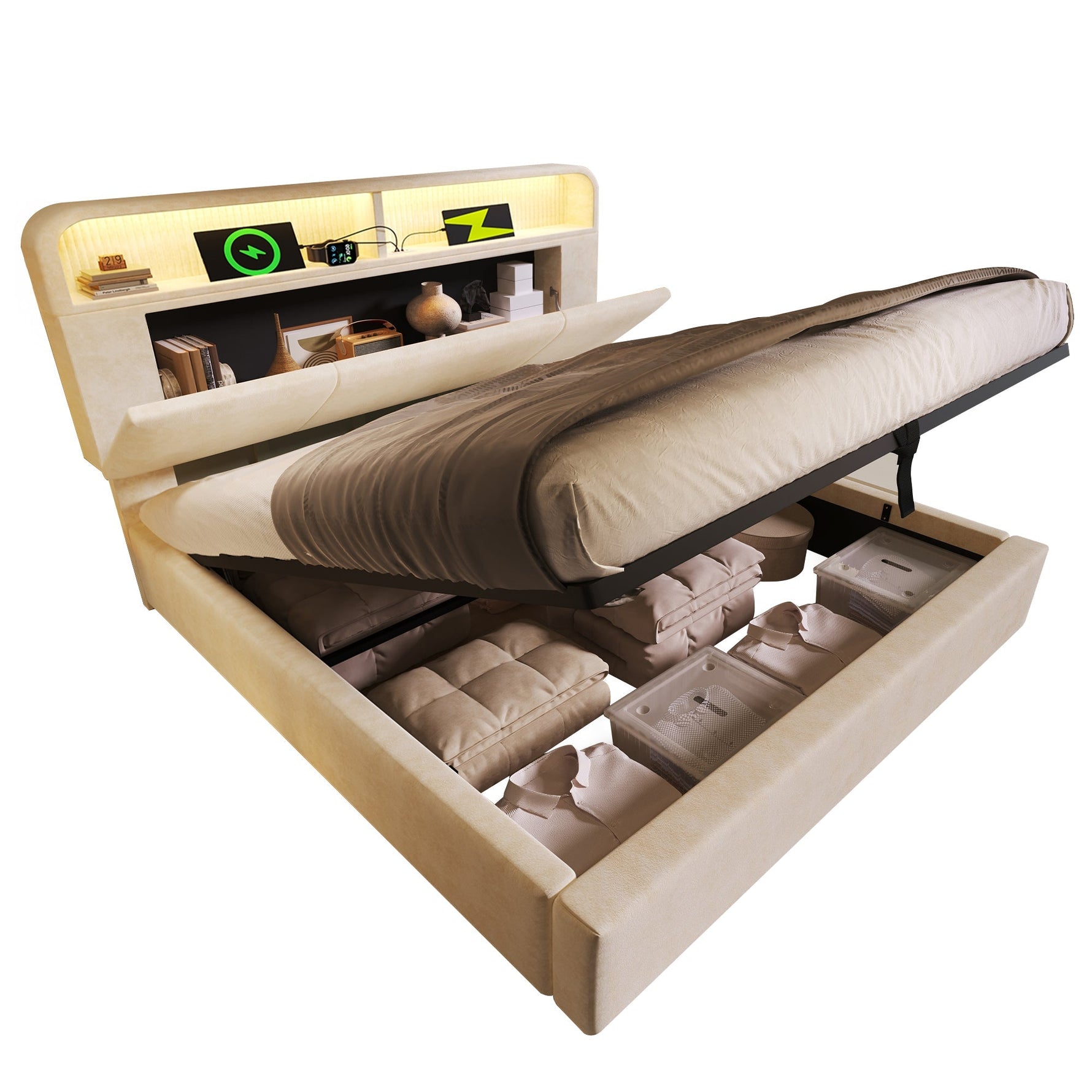 Upholstered Double Bed with Storage Headboard, Hydraulic Lift, LED and USB Charging, 180x200cm, Beige Velvet