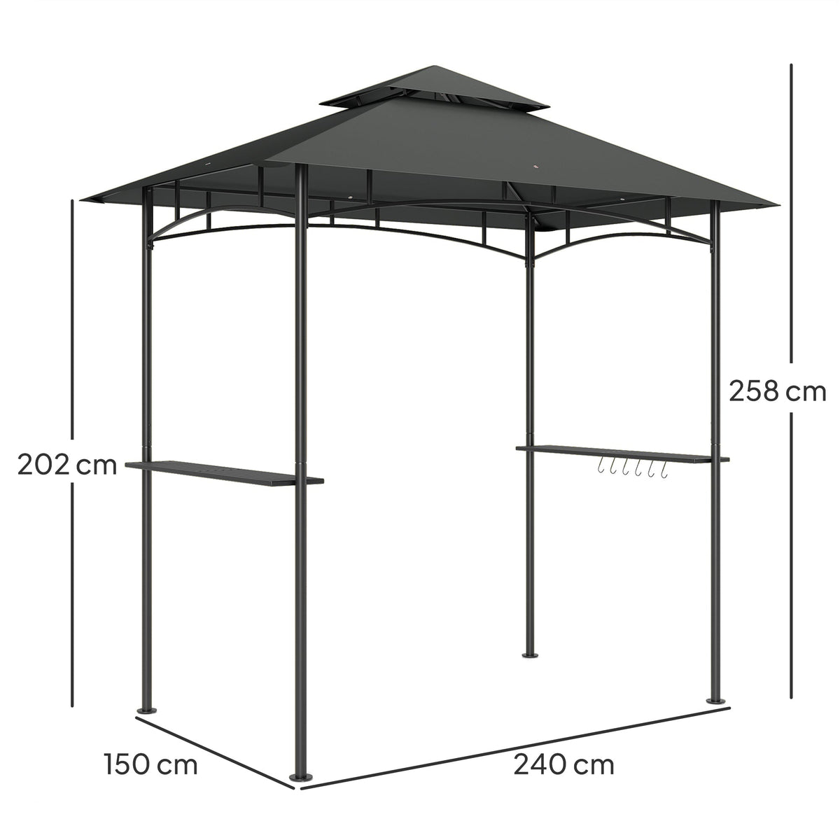 Grill Pavilion LED Lighting, 240x150x258cm, Water-Repellent, Double-Layered Roof, Side Shelves, Dark Grey