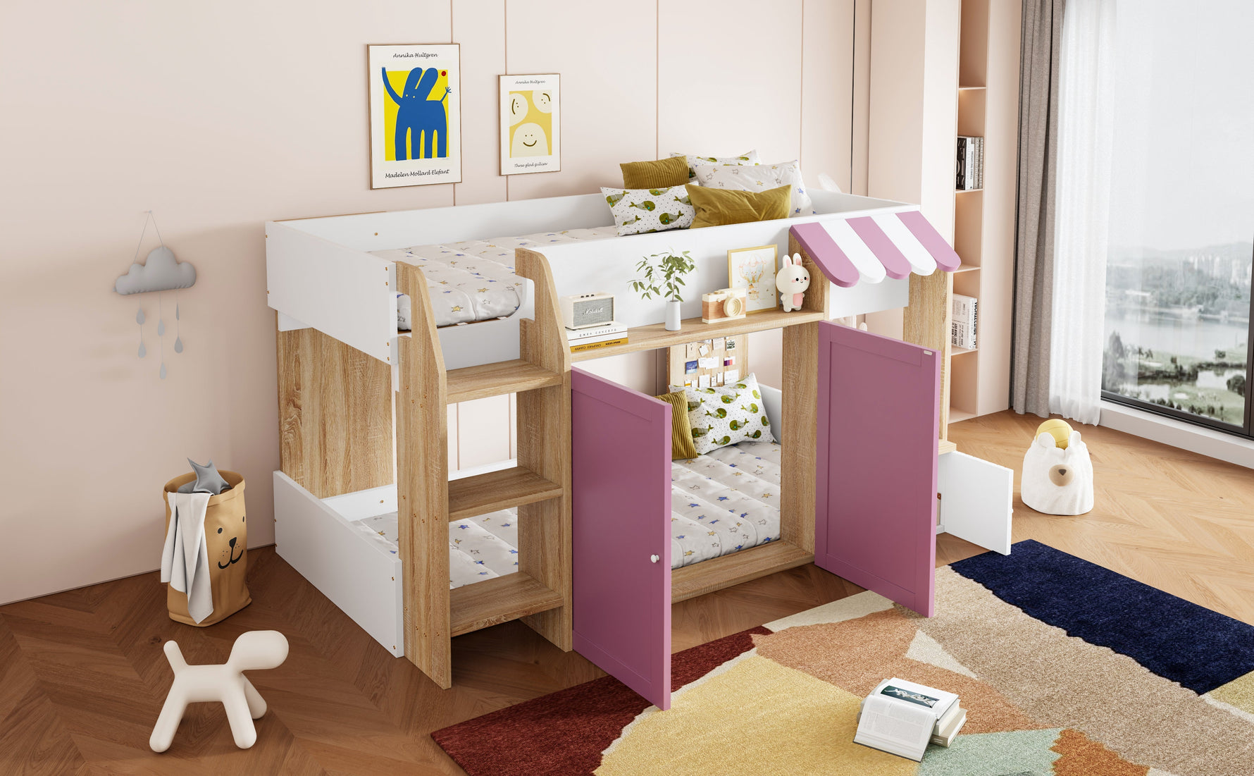 Children's House Bed Mid-Height 90x200 Storage Climbing Ladder - White/Pink Wood