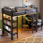 Loft Bed 90x200 LED Light Socket Storage Bookshelf - Black