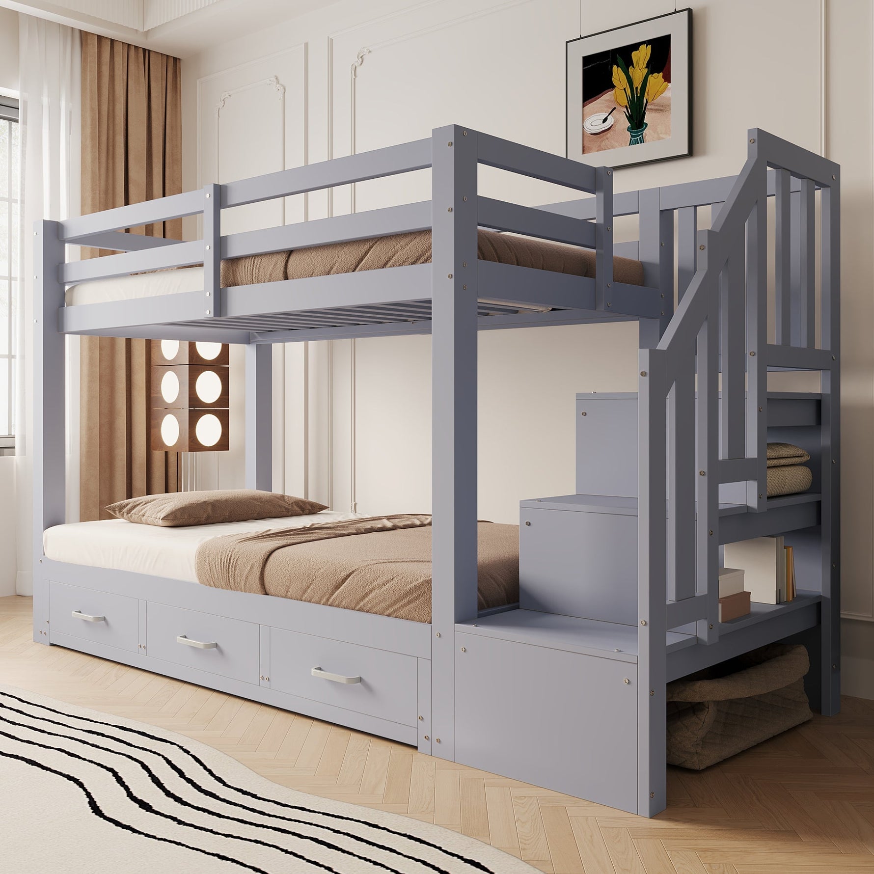 Bunk Bed with Pull-out Bed, Storage Ladder and Drawers, 90x200cm, Grey Wood