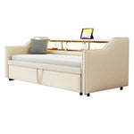 Upholstered Extendable Sofa Bed 90/180x190cm Storage LED USB - Beige