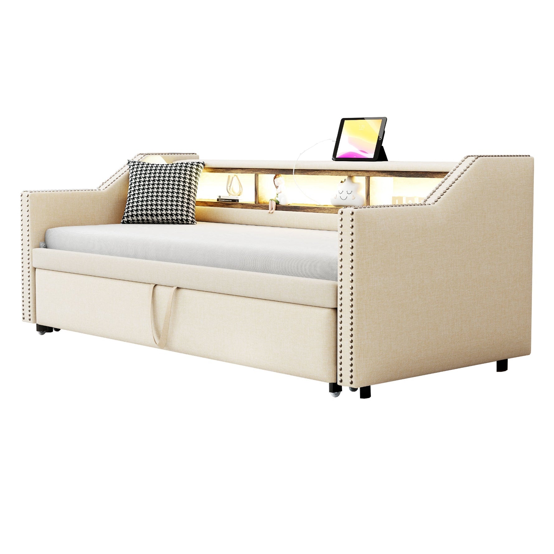 Upholstered Extendable Sofa Bed 90/180x190cm Storage LED USB - Beige