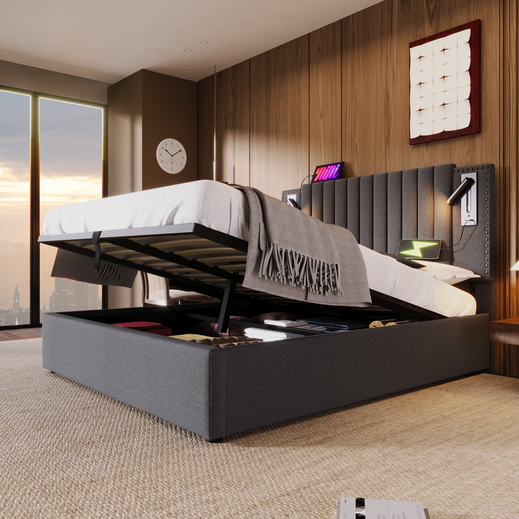 Upholstered Bed 160x200, Double Bed with Storage, Reading Light, Rivet Headboard, Gray Cotton