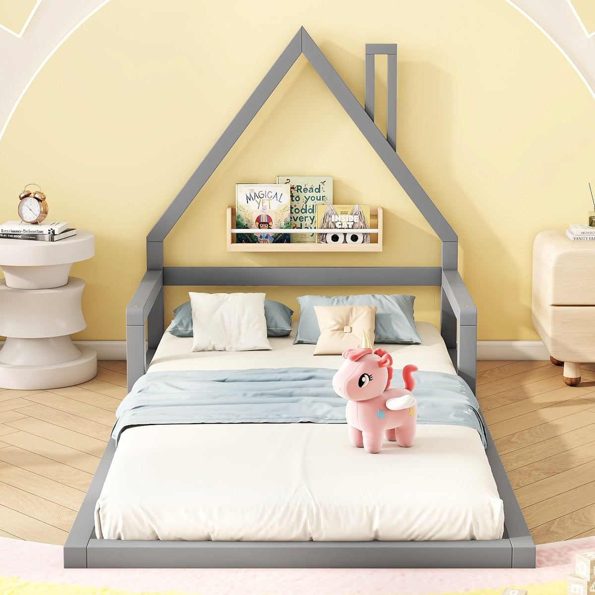 House Bed 90x200cm Flat Bed Simple Design Solid Pine - Grey