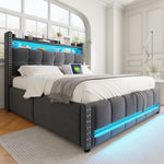 Upholstered Bed 160x200cm with LED & Storage, Grey Linen