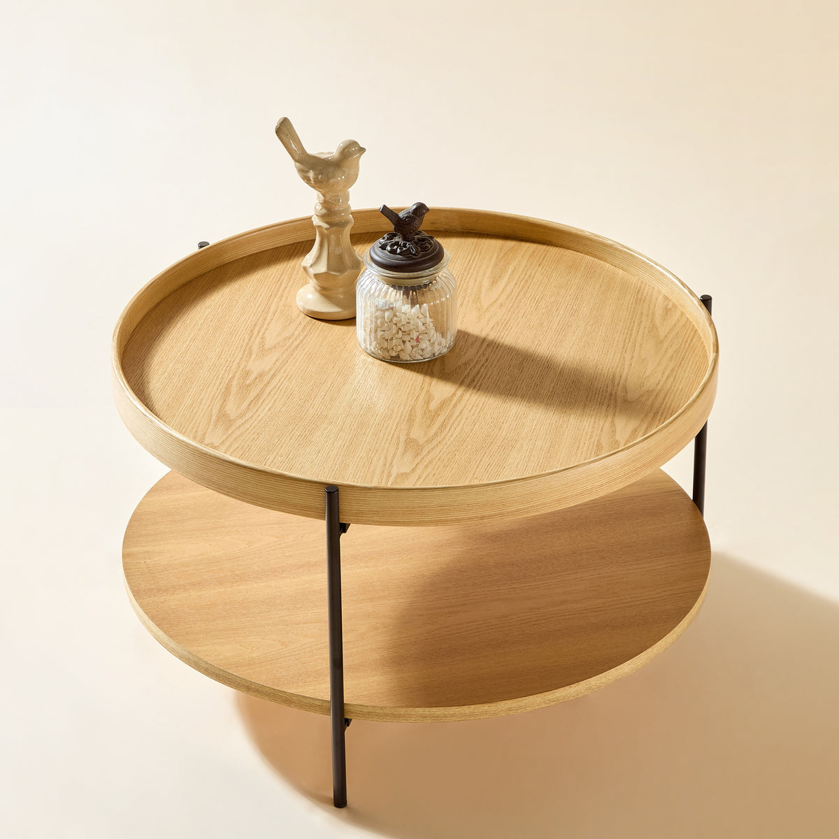 Coffee Table Modern 2-Tier Round Tray Wood & Iron