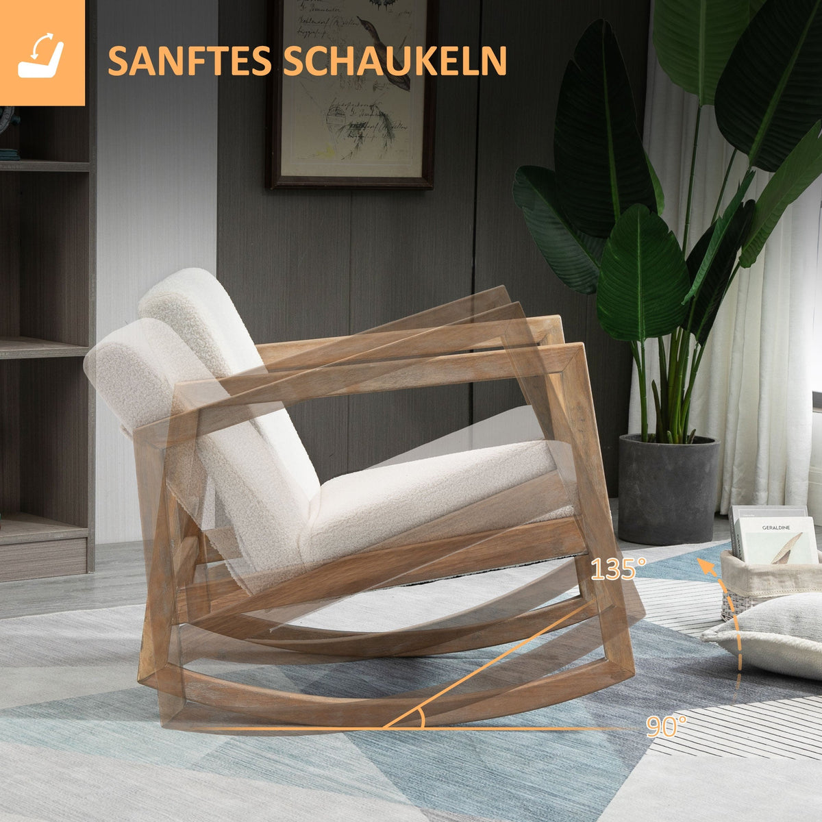 Rocking Chair, Upholstered, Wooden Frame, Cream White