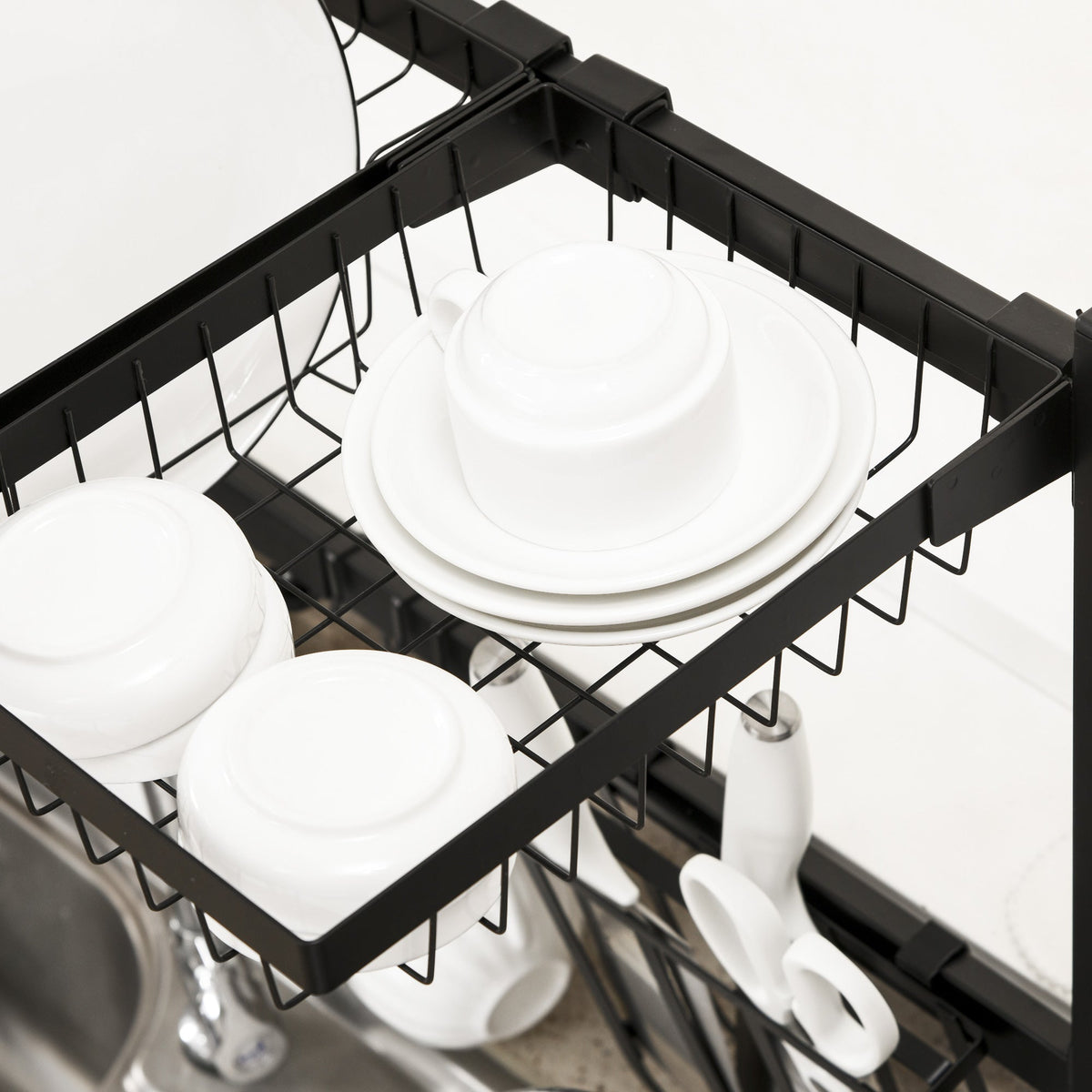 Dish Drainer 2-Tier with Hooks, Drip Tray, Steel, Black