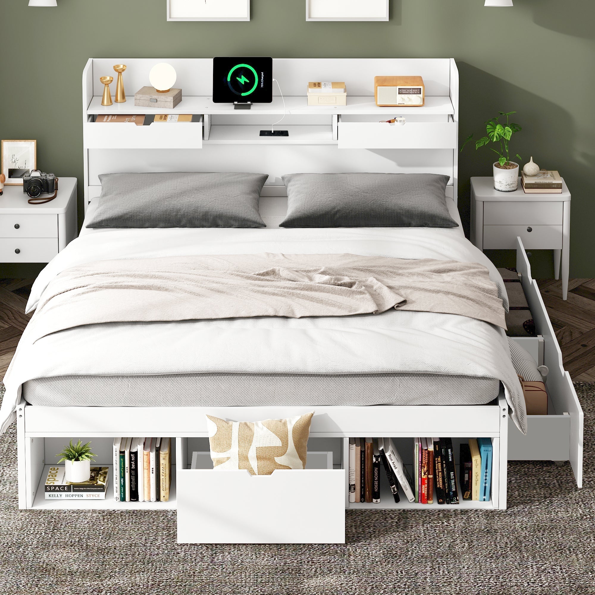 Multifunctional Double Bed with USB Port, Drawers and Storage Cabinet, 160x200cm, White