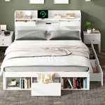 Multifunctional Double Bed with USB Port, Drawers and Storage Cabinet, 160x200cm, White