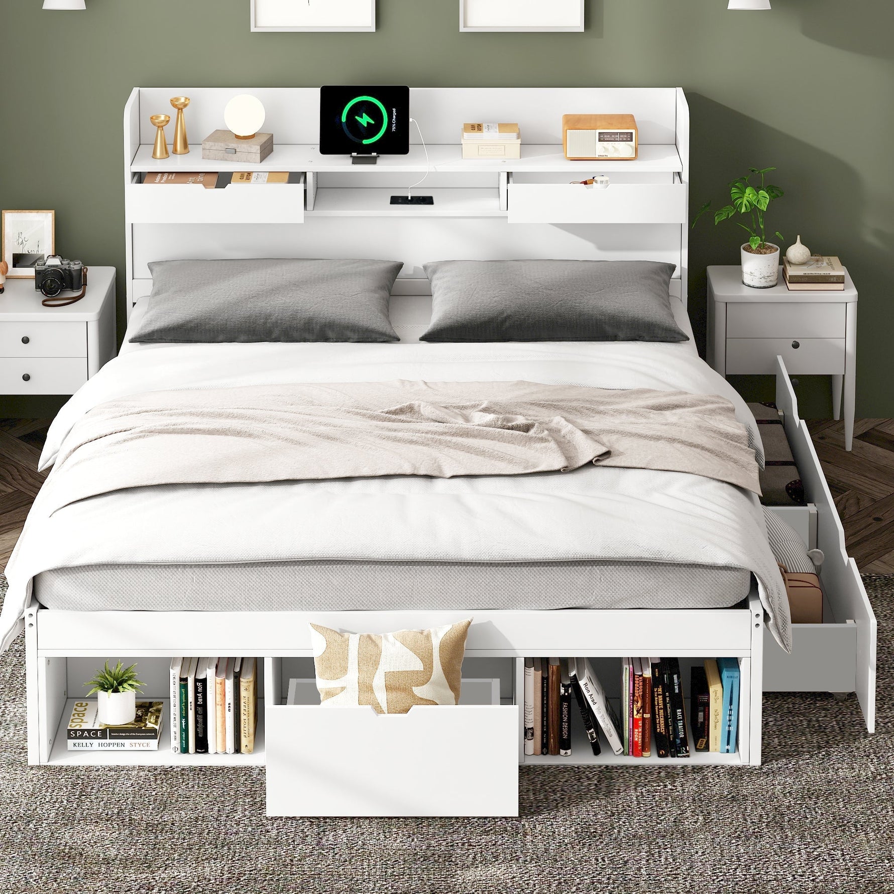 Multifunctional Double Bed with USB Port, Drawers and Storage Cabinet, 140x200cm, White Wood