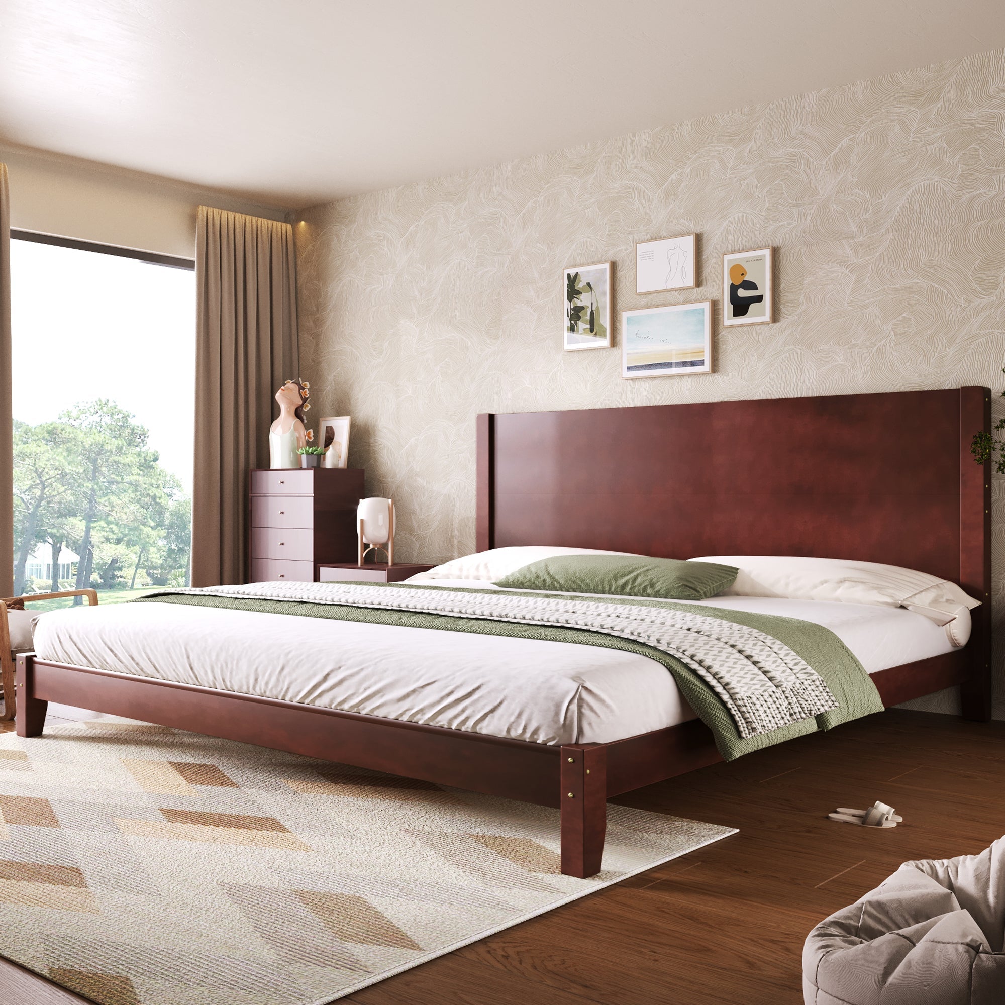 Platform Bed with Headboard and Slatted Base, 180x200cm, Brown Wood