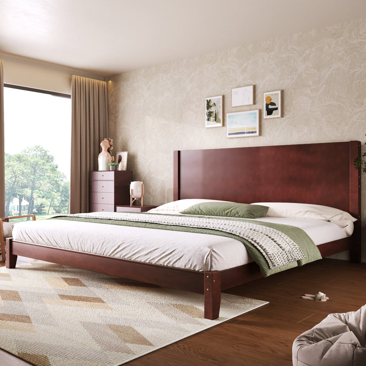 Platform Bed with Headboard and Slatted Base, 180x200cm, Brown Wood