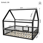 Metal Bed Frame 140x200 cm with House Trim & Railing, Black