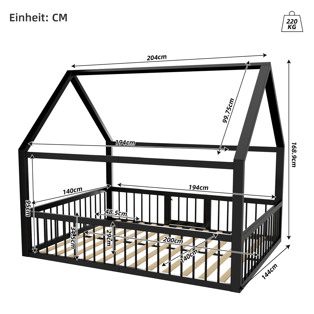 Metal Bed Frame 140x200 cm with House Trim & Railing, Black
