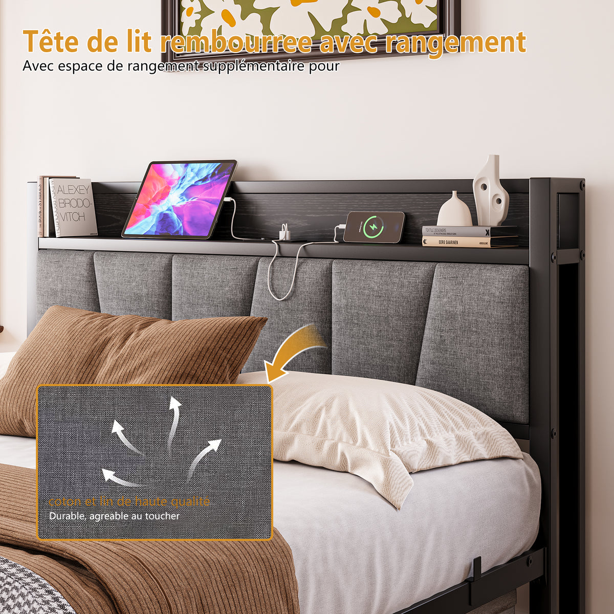 Bed Frame 140x190cm with LED Light & USB Station, Metal