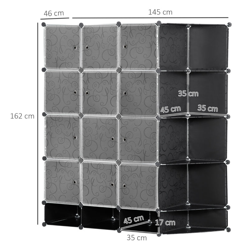 DIY Wardrobe Shelving System, 16 Compartments, 2 Rods, Black