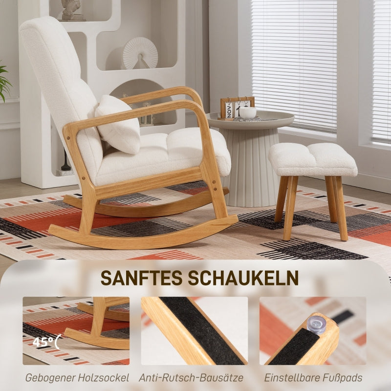 Rocking Chair with Stool, Fleece Cover, Wooden Skids, White