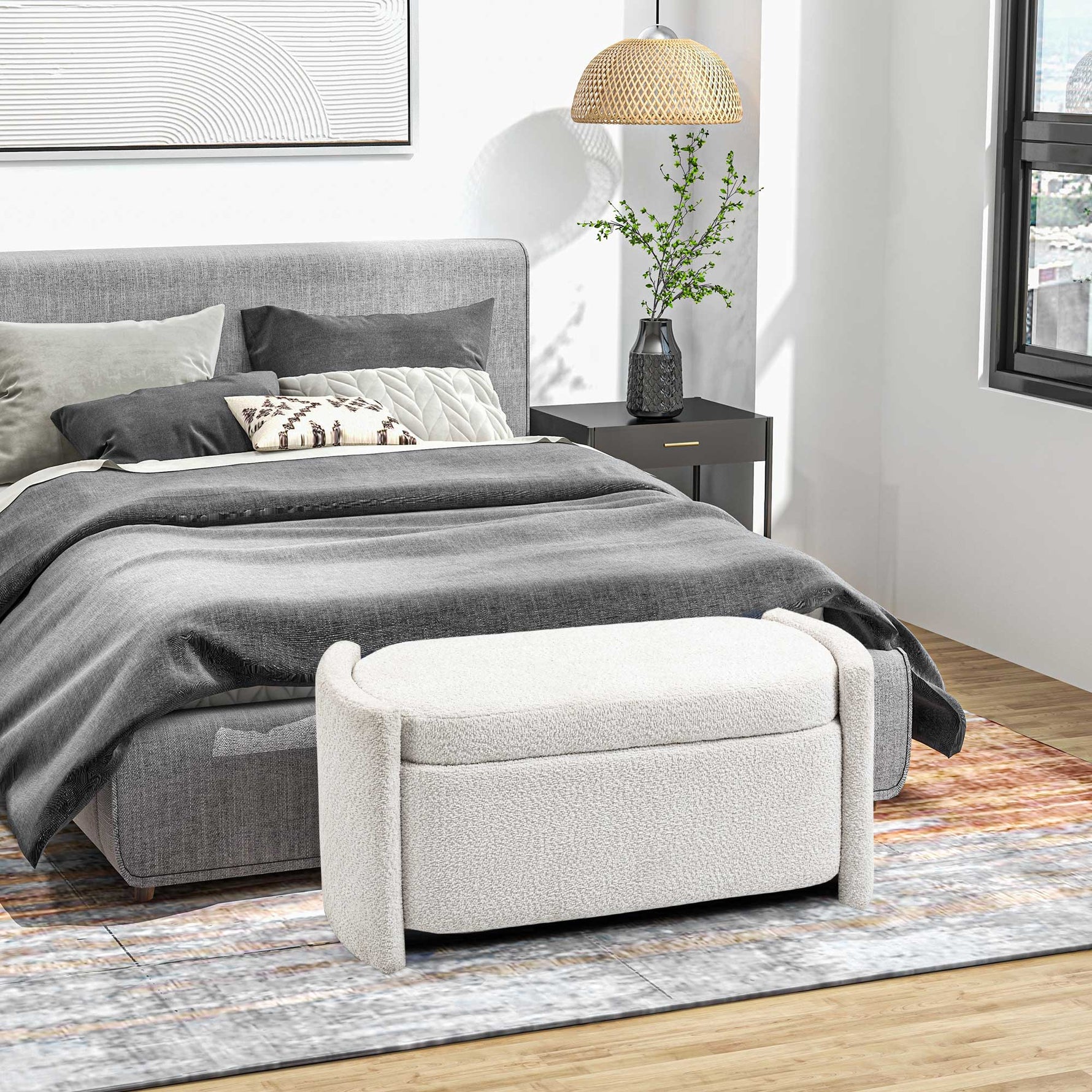 Bench, Upholstered Storage with Lid, Cream