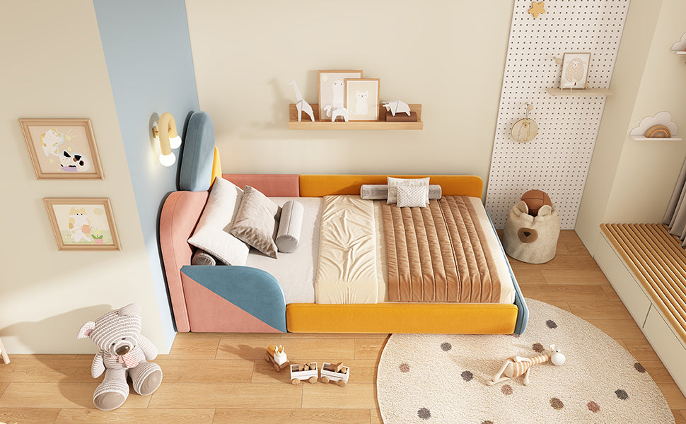 Children's Upholstered Bed 90x200cm with Fall Protection, Multicolour