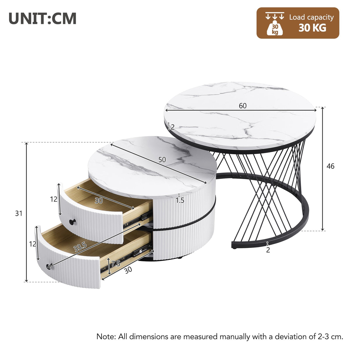 Elegant 2-Piece Nesting Coffee Table Set, Round High-Gloss Marble Look with 2 Drawers, White