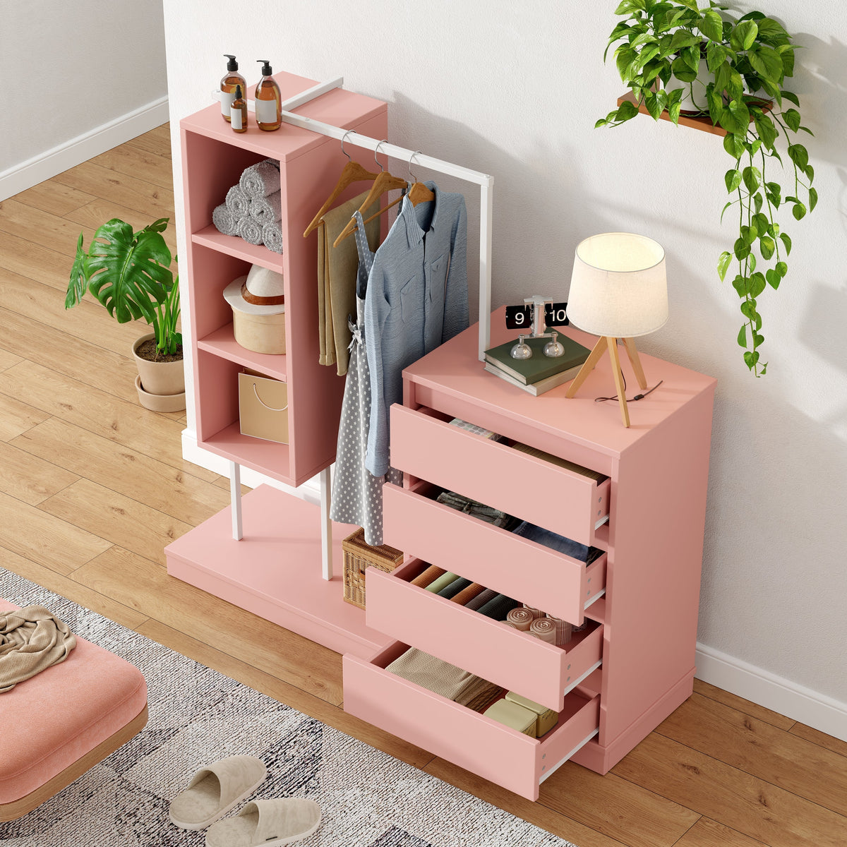Drawer Cabinet Wardrobe Set, Sideboard Clothes Rail W140/W40/H135, Pink