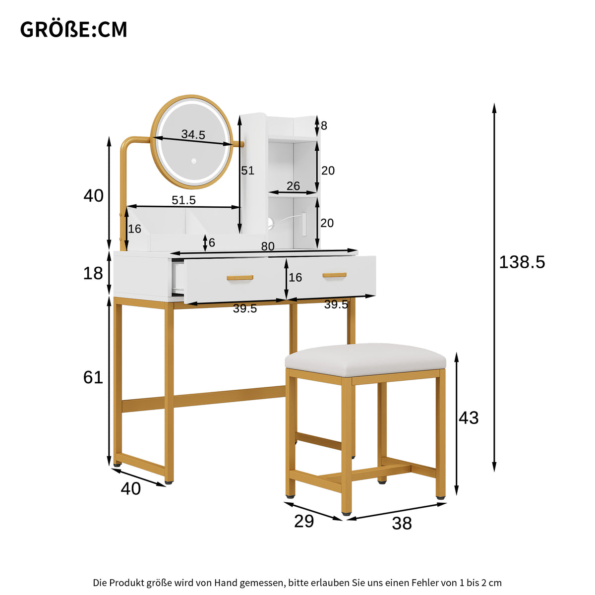 Modern Dressing Table with LED Mirror, Stool & Power Outlets, White
