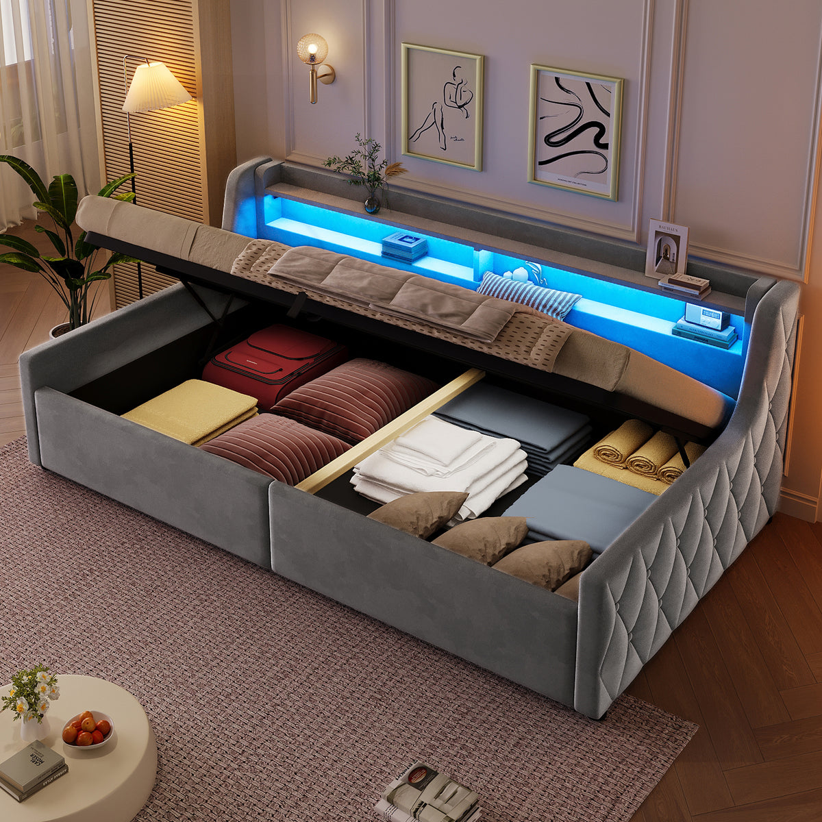 Platform Bed 90x200, Hydraulic Storage & LED, Grey Velvet